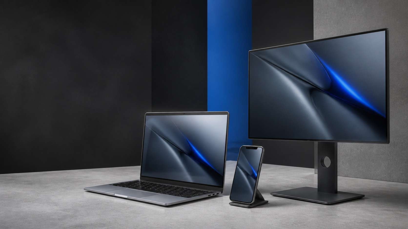 A coordinated laptop, smartphone and monitor setup